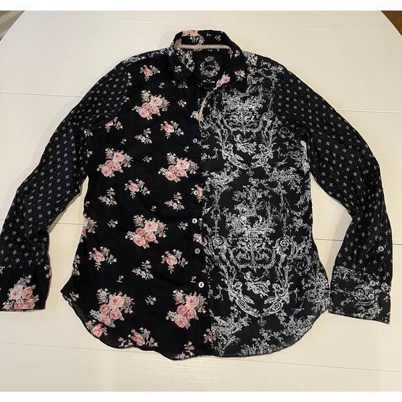 Cino Crinkle Button Up Blouse Long Sleeves Cotton Roll Tabs Sz L Shabby Chic - Picture 14 of 16